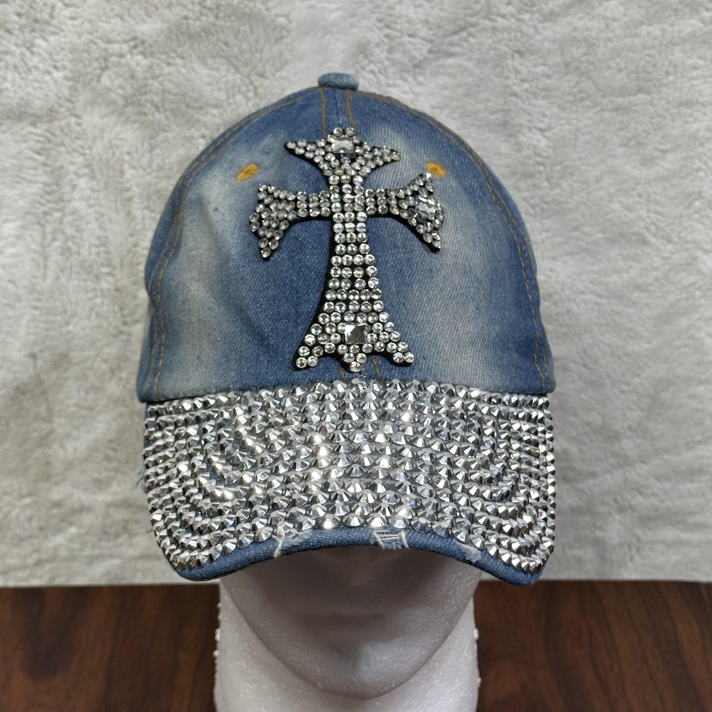 Indigo Soul Hat Cap Strap Back Blue‎ Denim Rhinestone Cross Bling Womens Jeweled